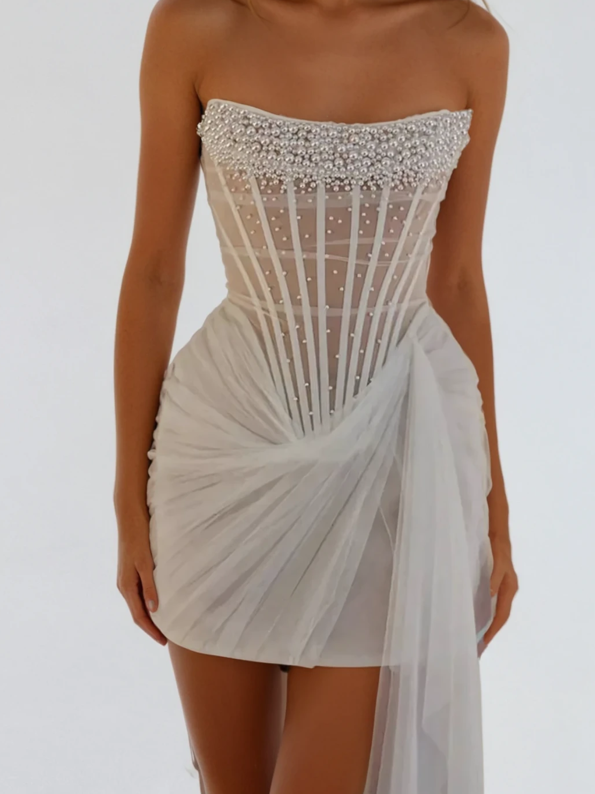 Lindley Strapless Pearl Draped Mini Dress