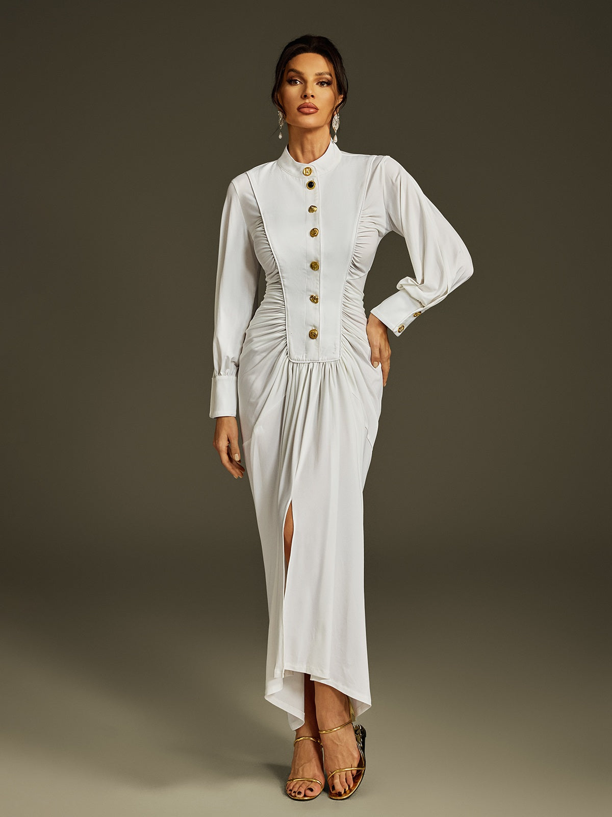 Liviu Long Sleeve Ruched Midi Dress