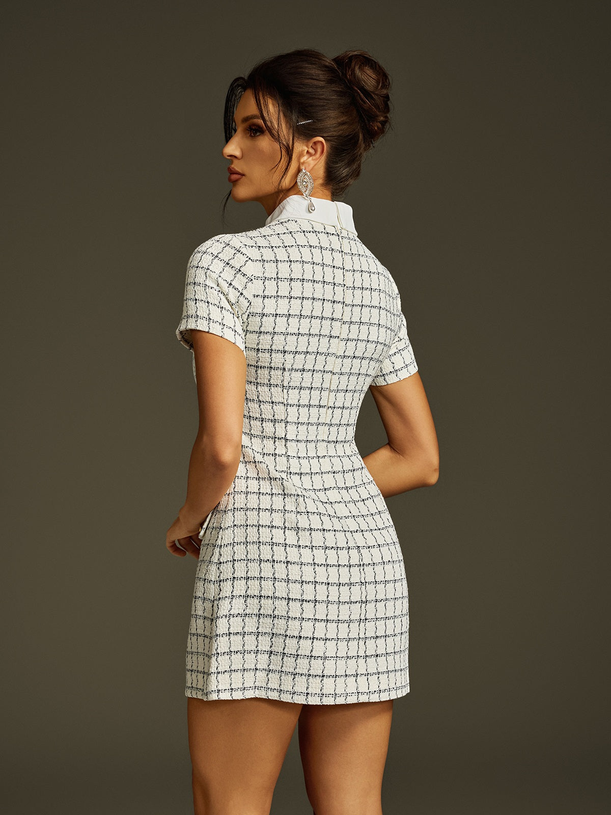 Lixue High Neck Tweed Check Mini Dress