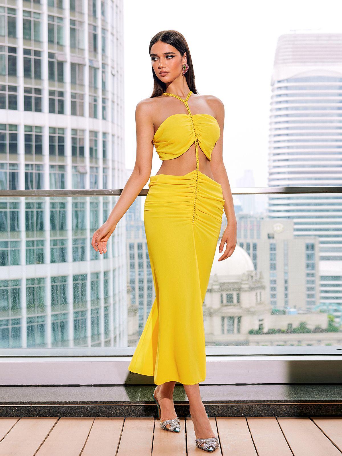 Lorenzo Halterneck Hollow Midi Dress