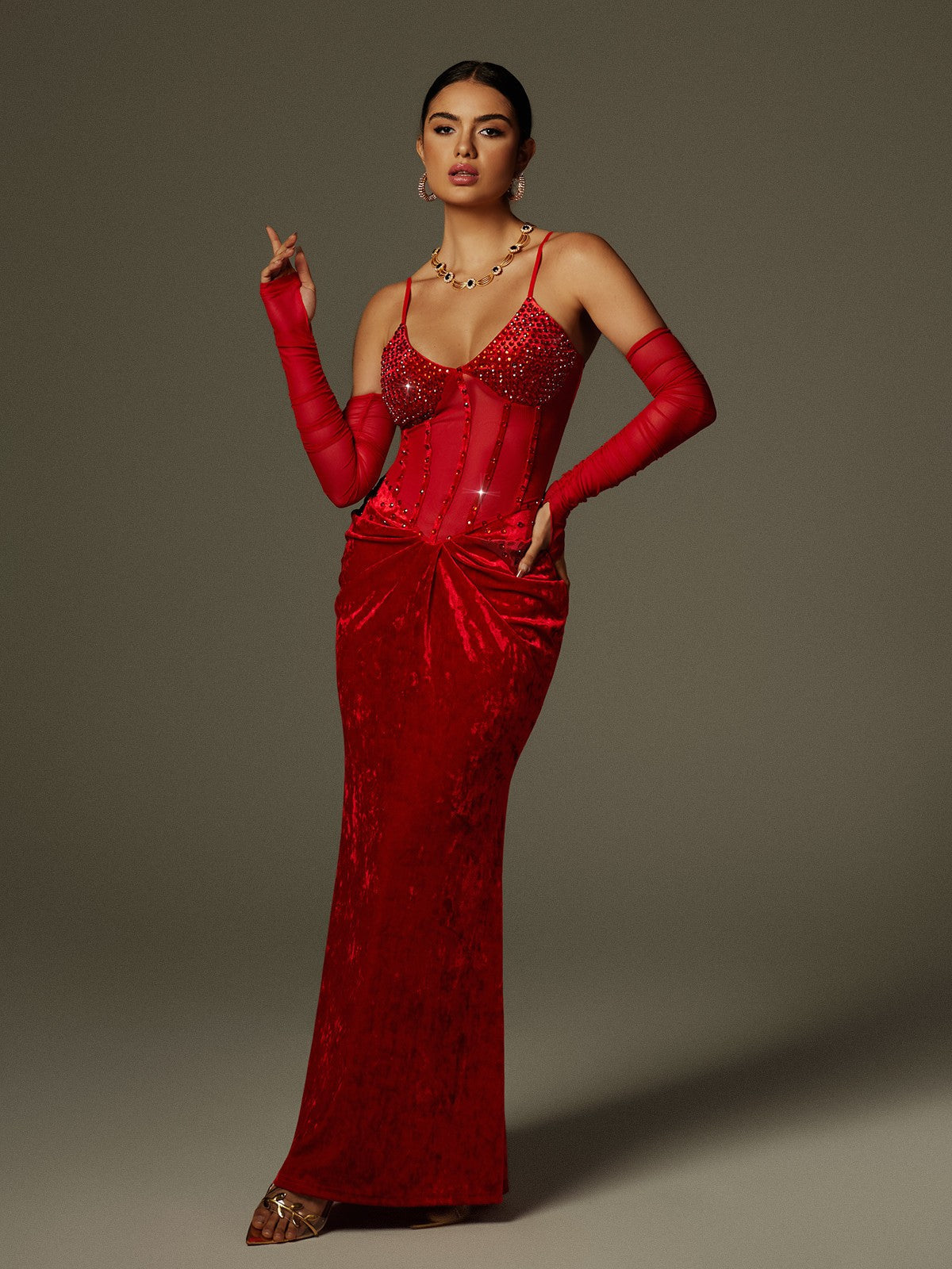 Lsaac Spaghetti Rhinestone Ruched Velvet Maxi Dress