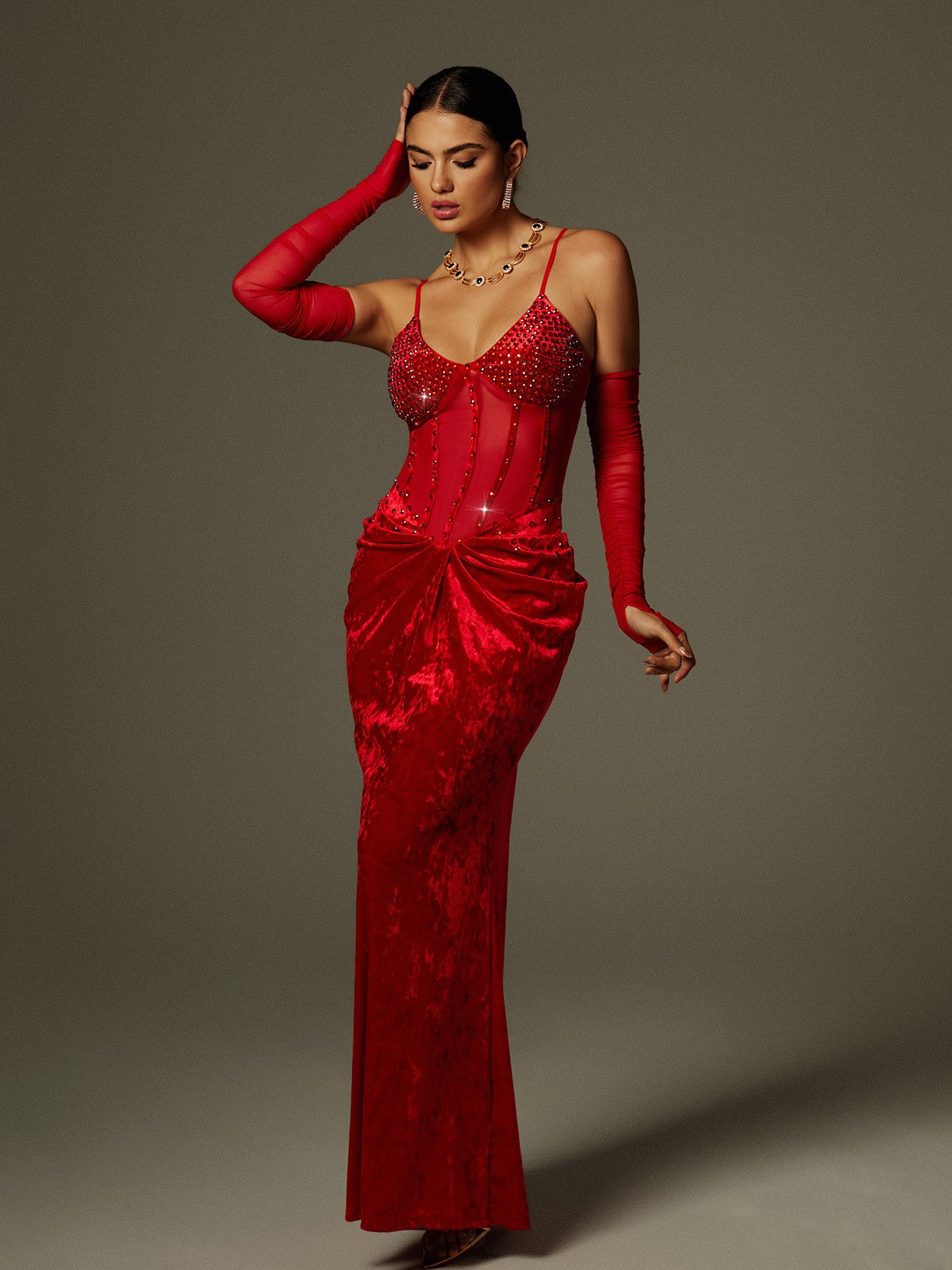 Lsaac Spaghetti Rhinestone Ruched Velvet Maxi Dress