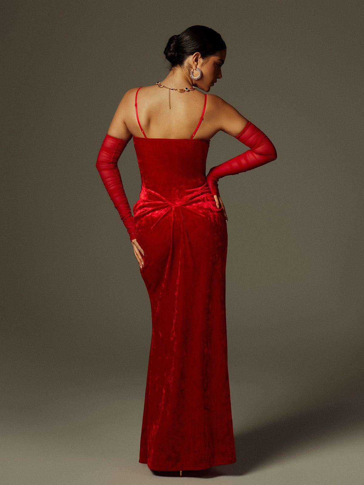 Lsaac Spaghetti Rhinestone Ruched Velvet Maxi Dress