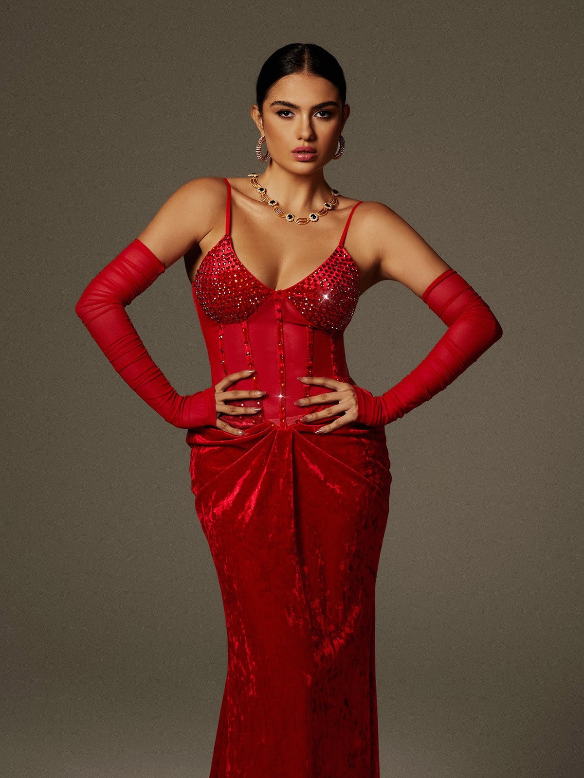Lsaac Spaghetti Rhinestone Ruched Velvet Maxi Dress