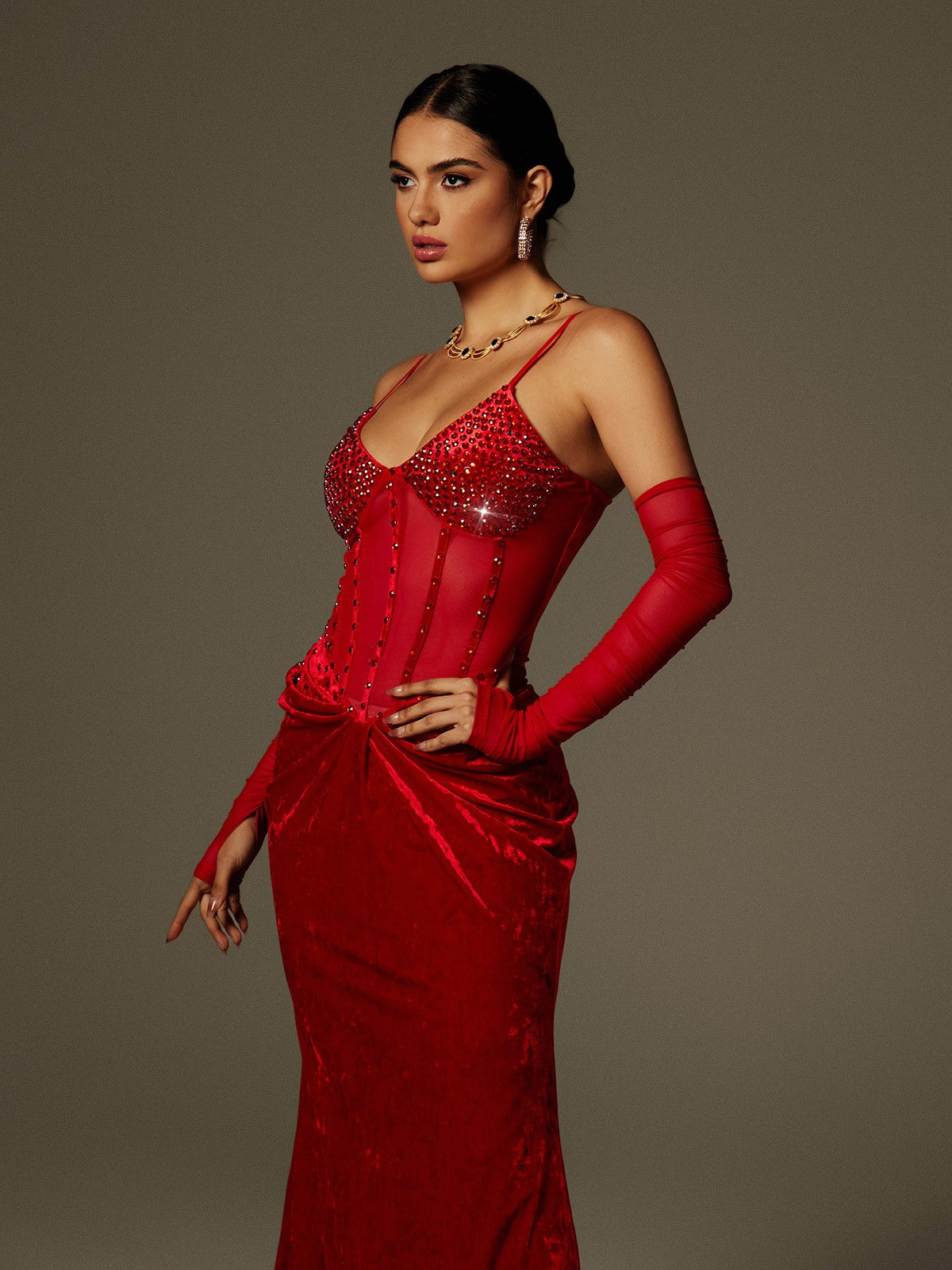 Lsaac Spaghetti Rhinestone Ruched Velvet Maxi Dress