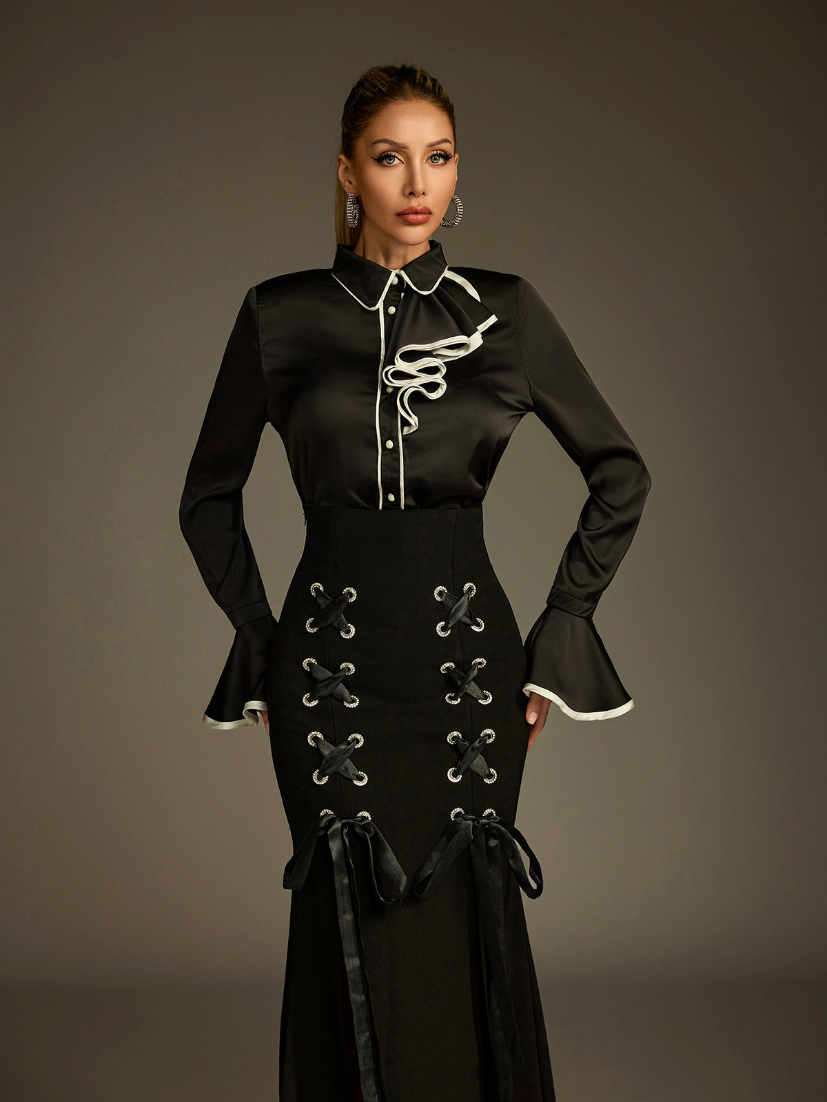 Ludwig Flare Sleeve Lace Up Skirt Set