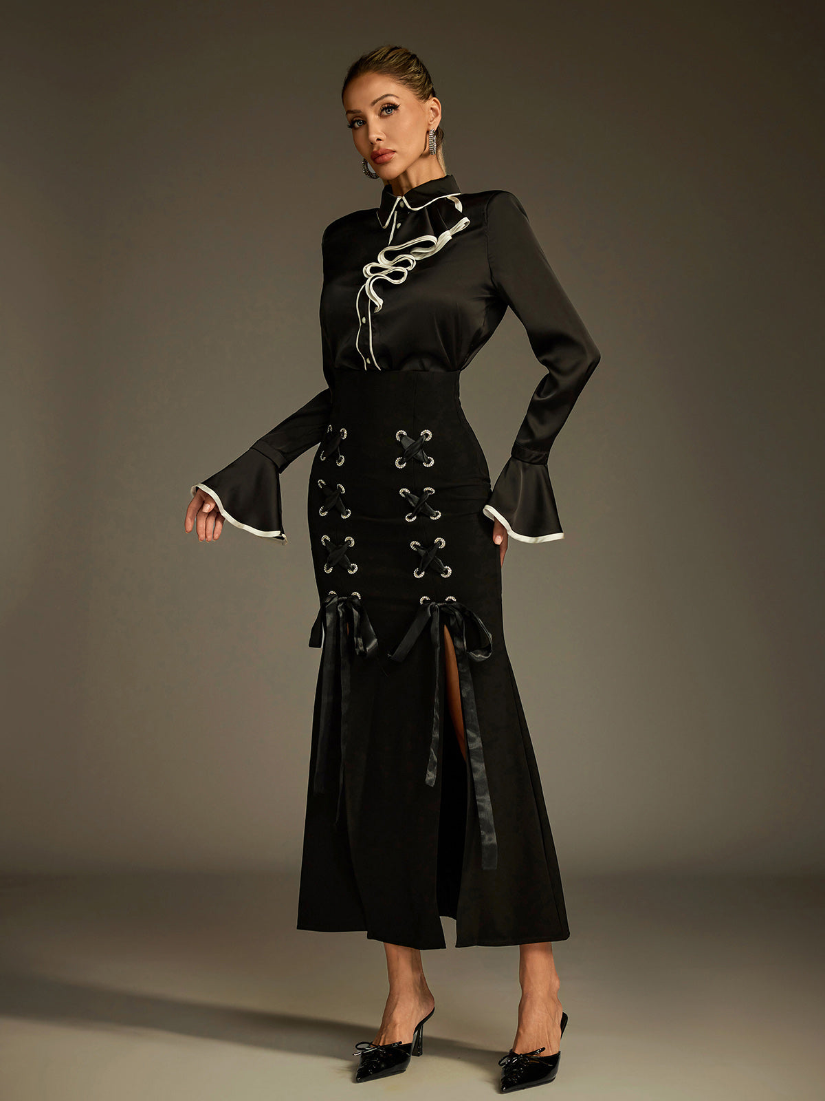 Ludwig Flare Sleeve Lace Up Skirt Set