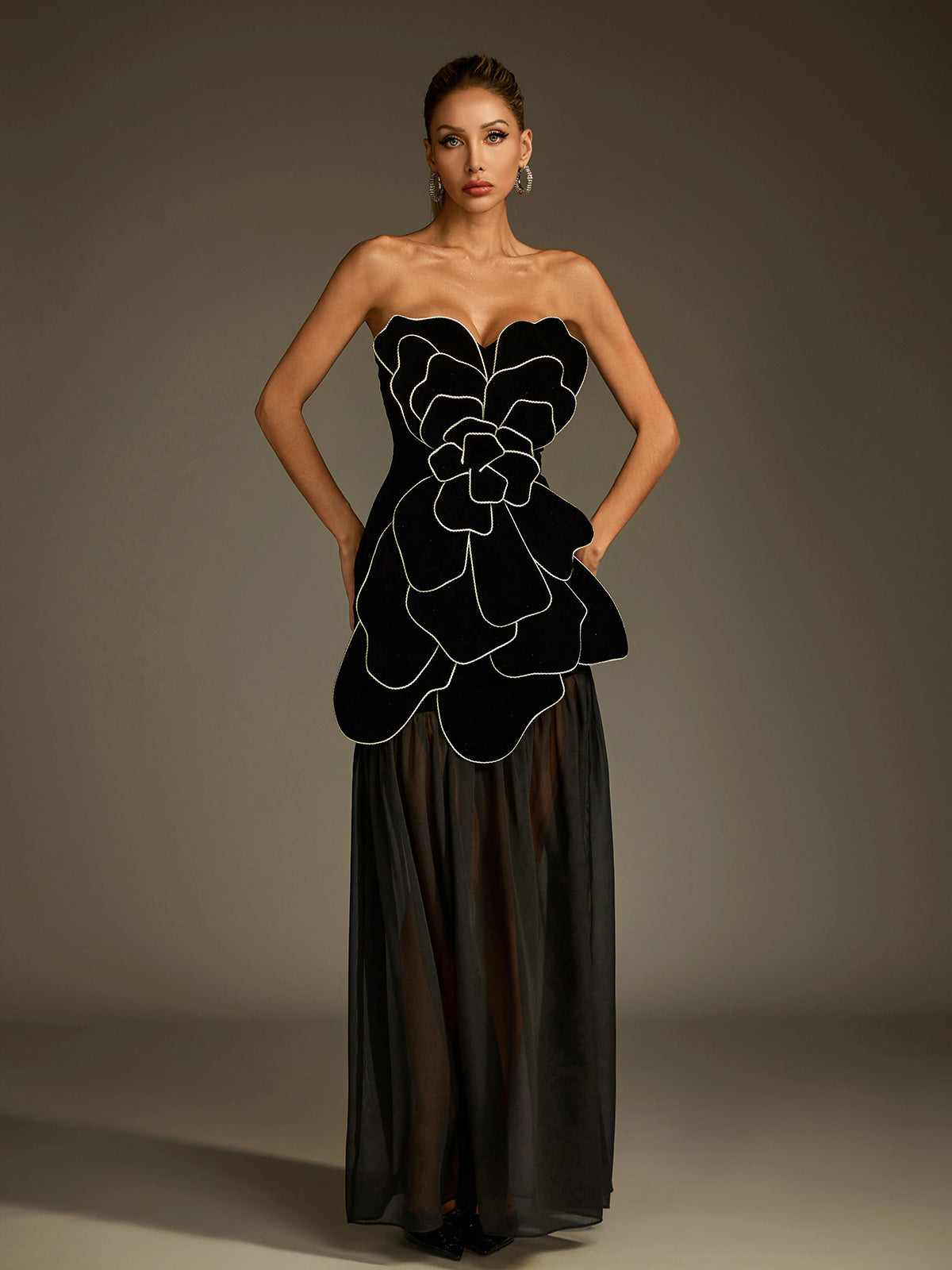 Luffy Strapless Flower Mesh Maxi Dress