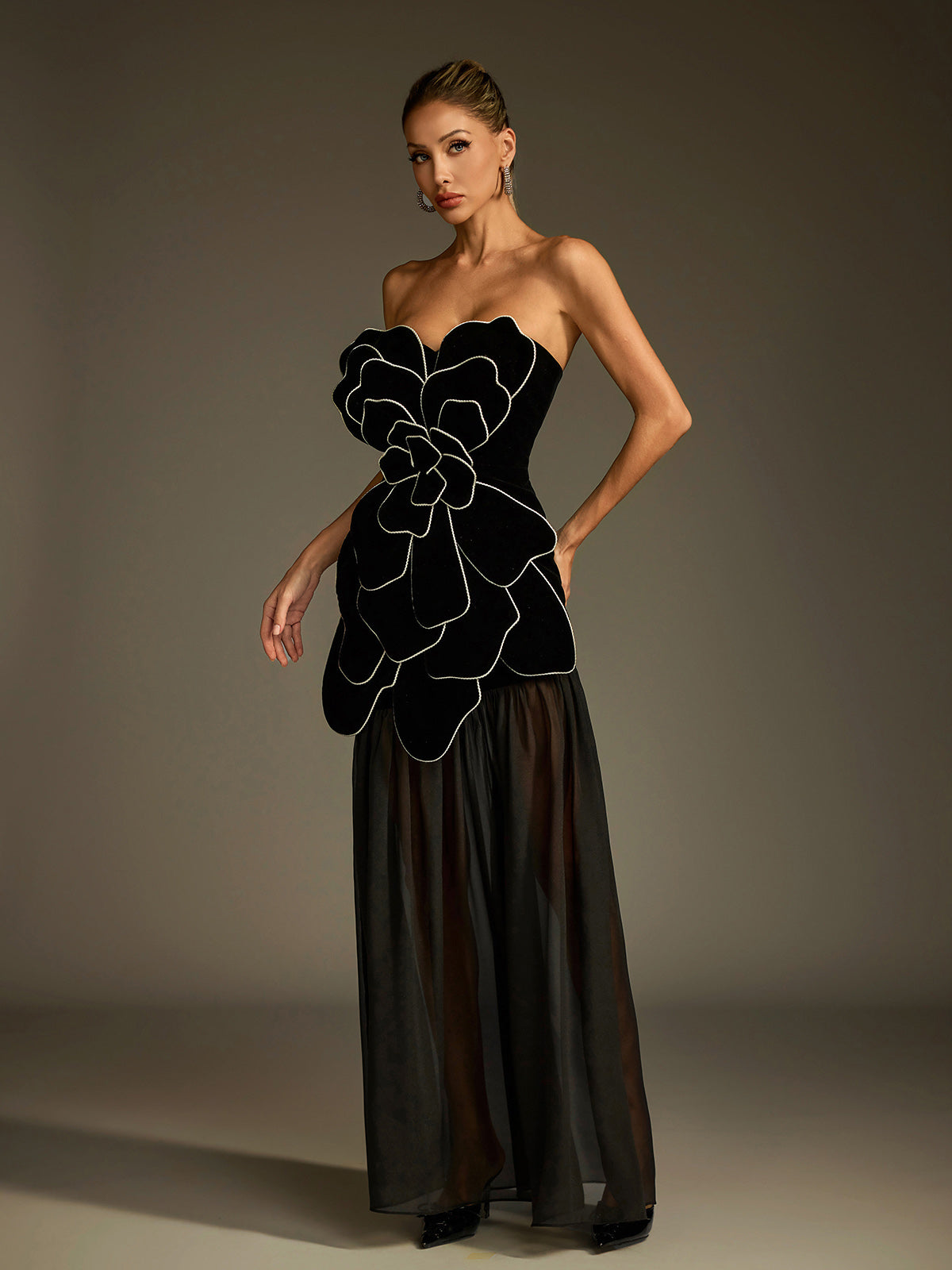 Luffy Strapless Flower Mesh Maxi Dress
