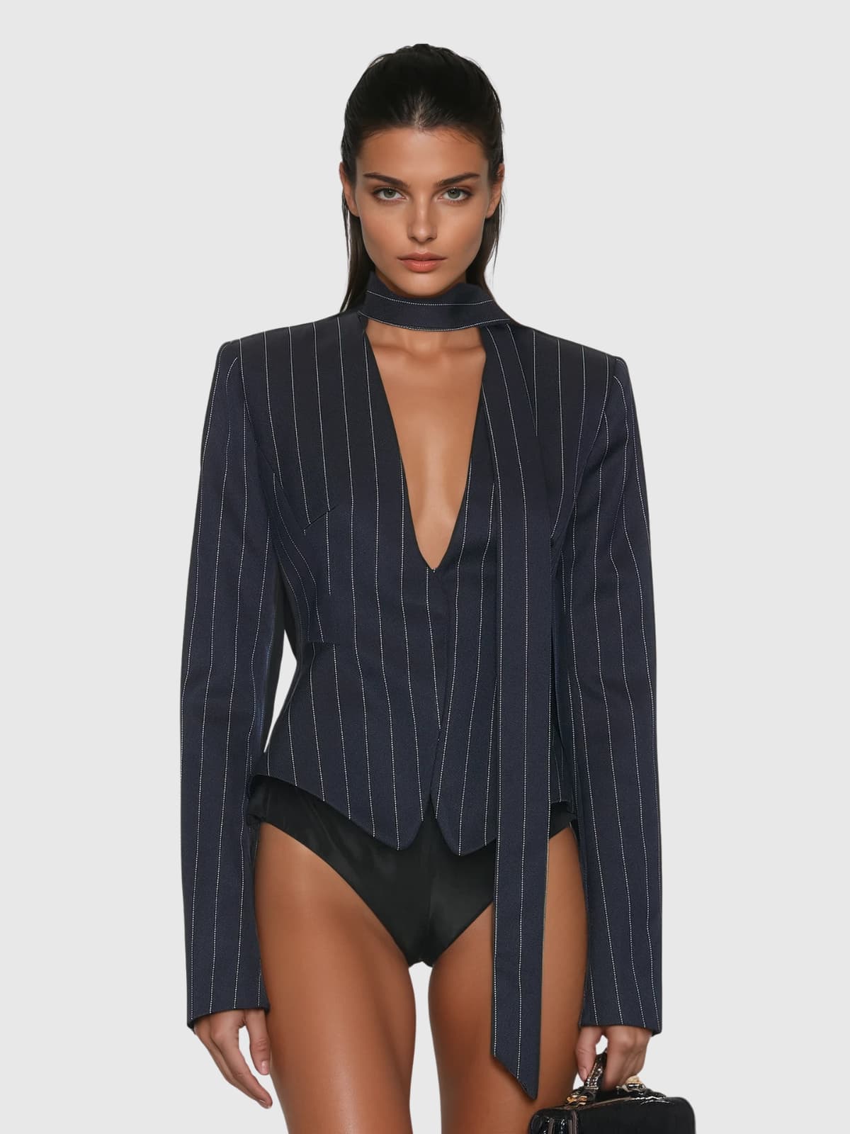 Lyren Plunge Neck Stripe Scarf Blazer