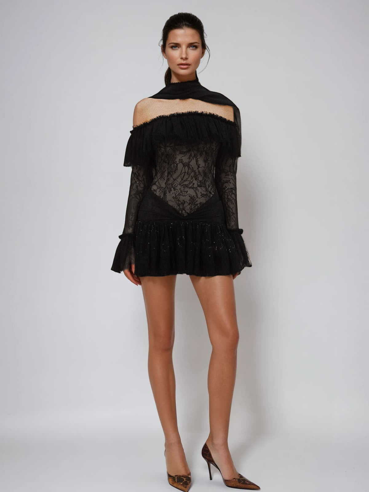 Lyriel Strapless Scarf Lace Sequin Mini Dress