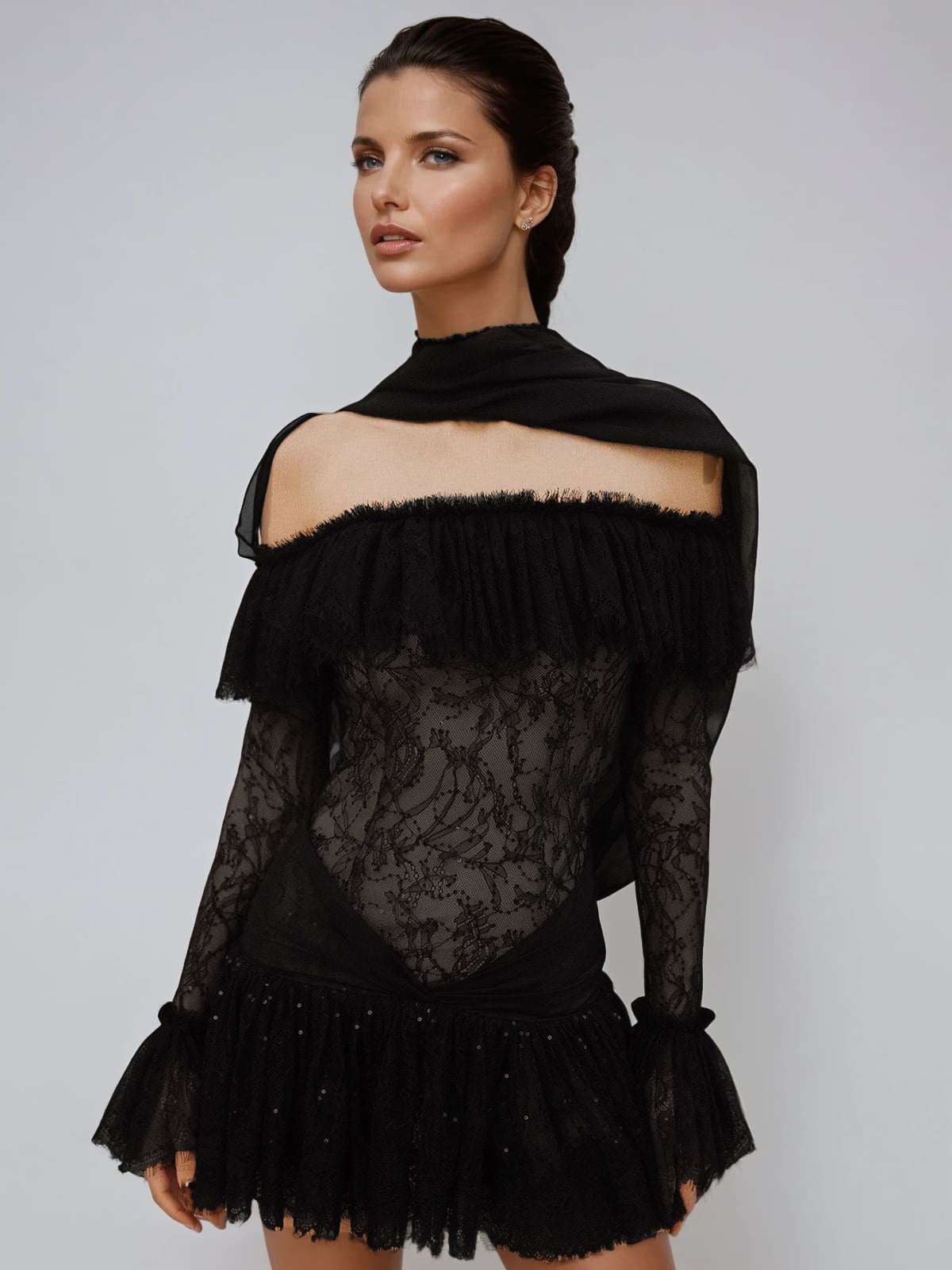 Lyriel Strapless Scarf Lace Sequin Mini Dress
