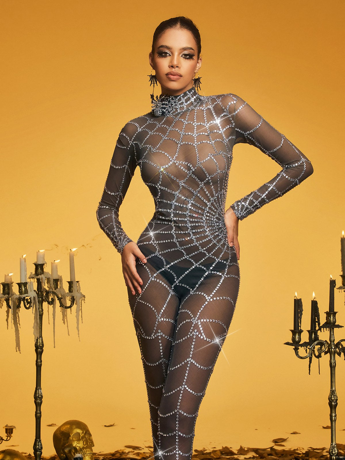 Lyrithia High Neck Cobweb Rhinestone Jumpsuit