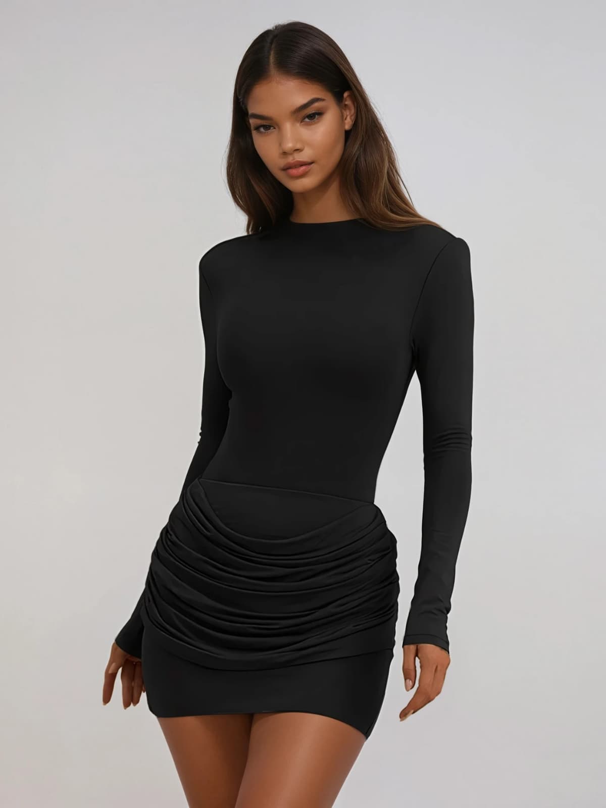 Lyubov Long Sleeve Ruched Dress In Black