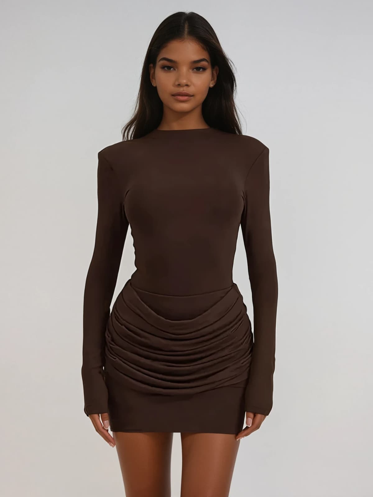 Lyubov Long Sleeve Ruched Dress In Brown