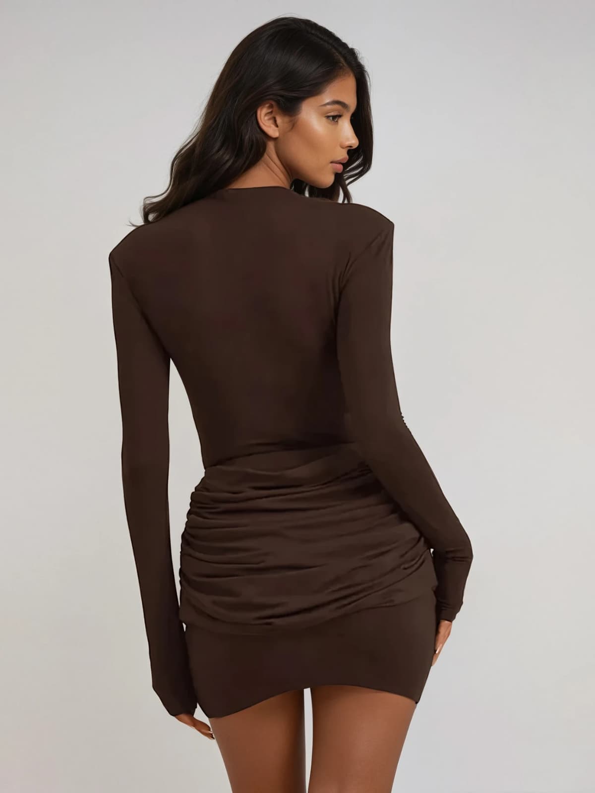 Lyubov Long Sleeve Ruched Dress In Brown
