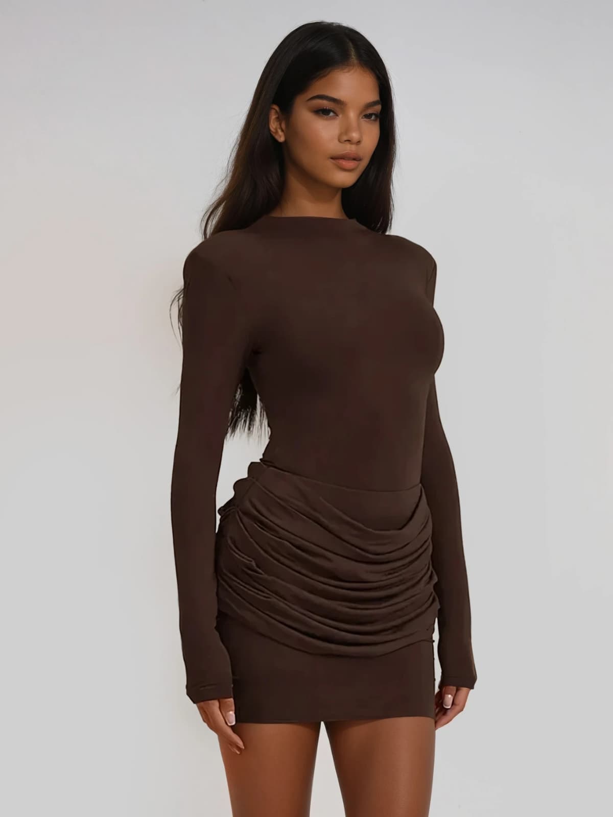Lyubov Long Sleeve Ruched Dress In Brown