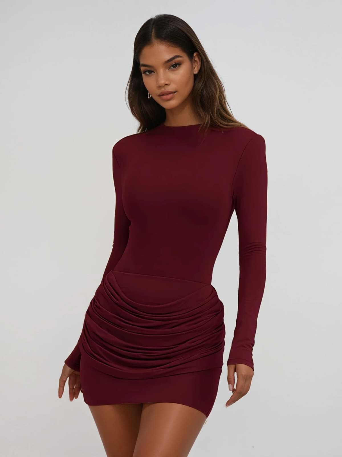 Lyubov Long Sleeve Ruched Dress In Wine