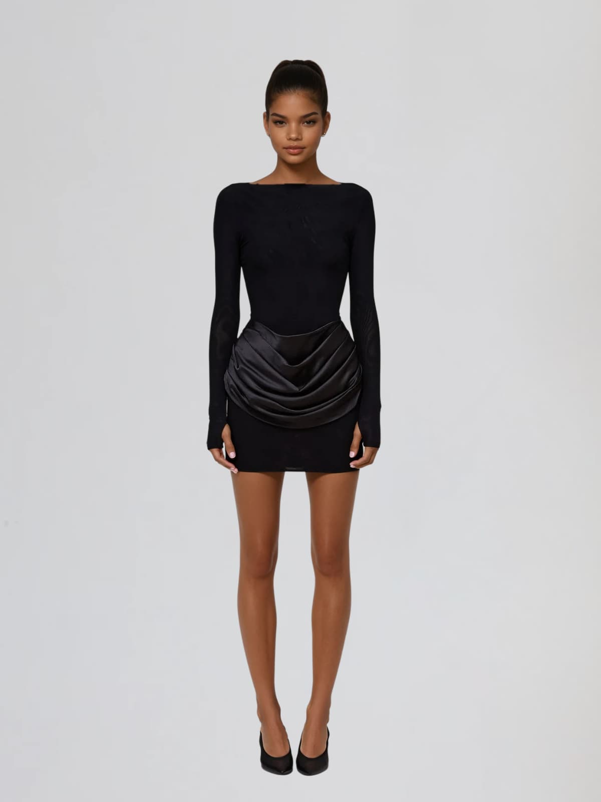 Lyusya Long Sleeve Ruched Dress In Black