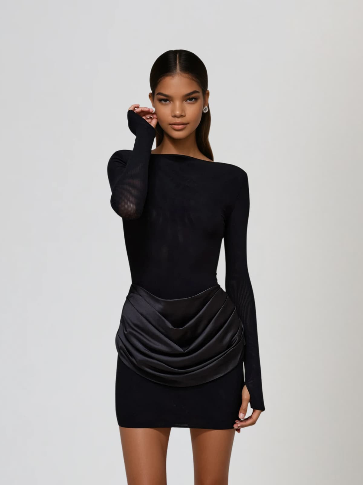 Lyusya Long Sleeve Ruched Dress In Black