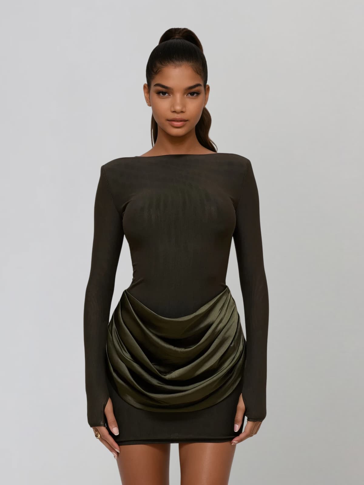 Lyusya Long Sleeve Ruched Dress In Deep Green