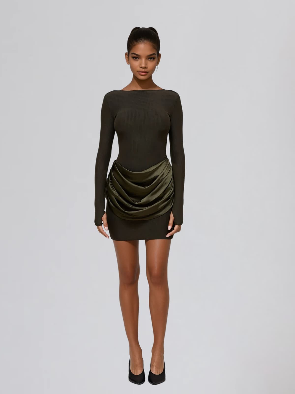 Lyusya Long Sleeve Ruched Dress In Deep Green