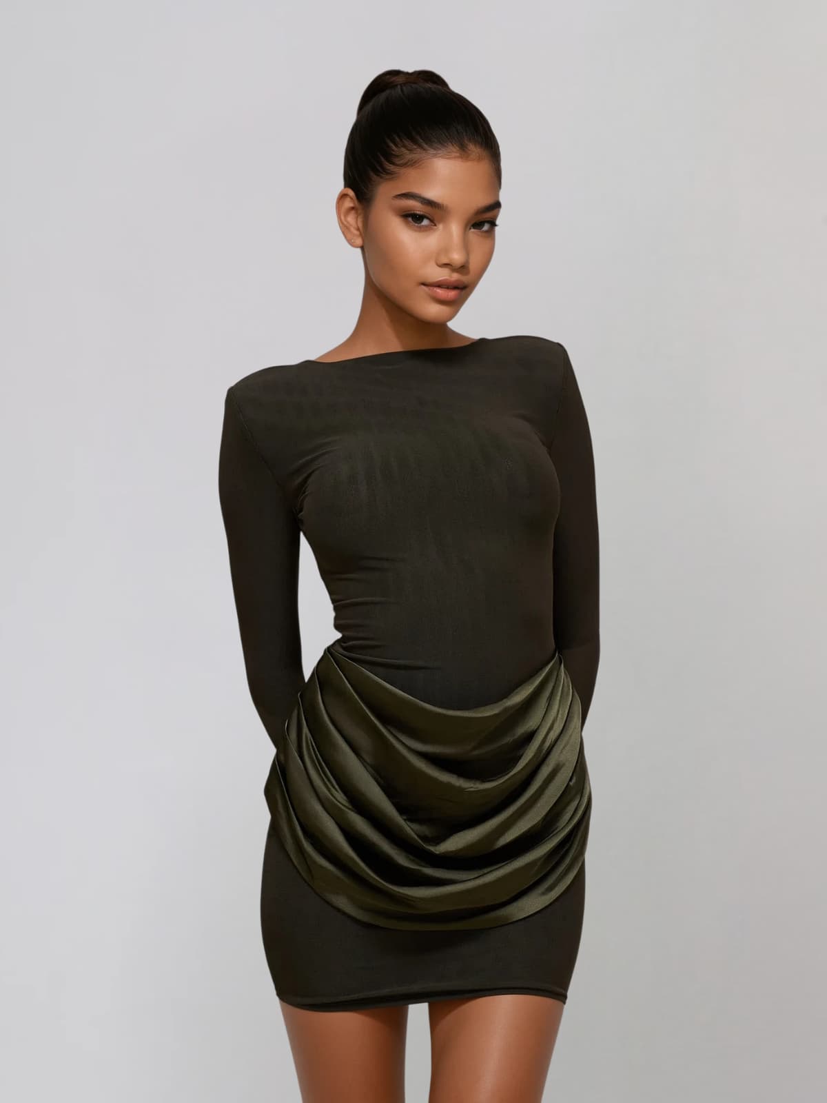 Lyusya Long Sleeve Ruched Dress In Deep Green