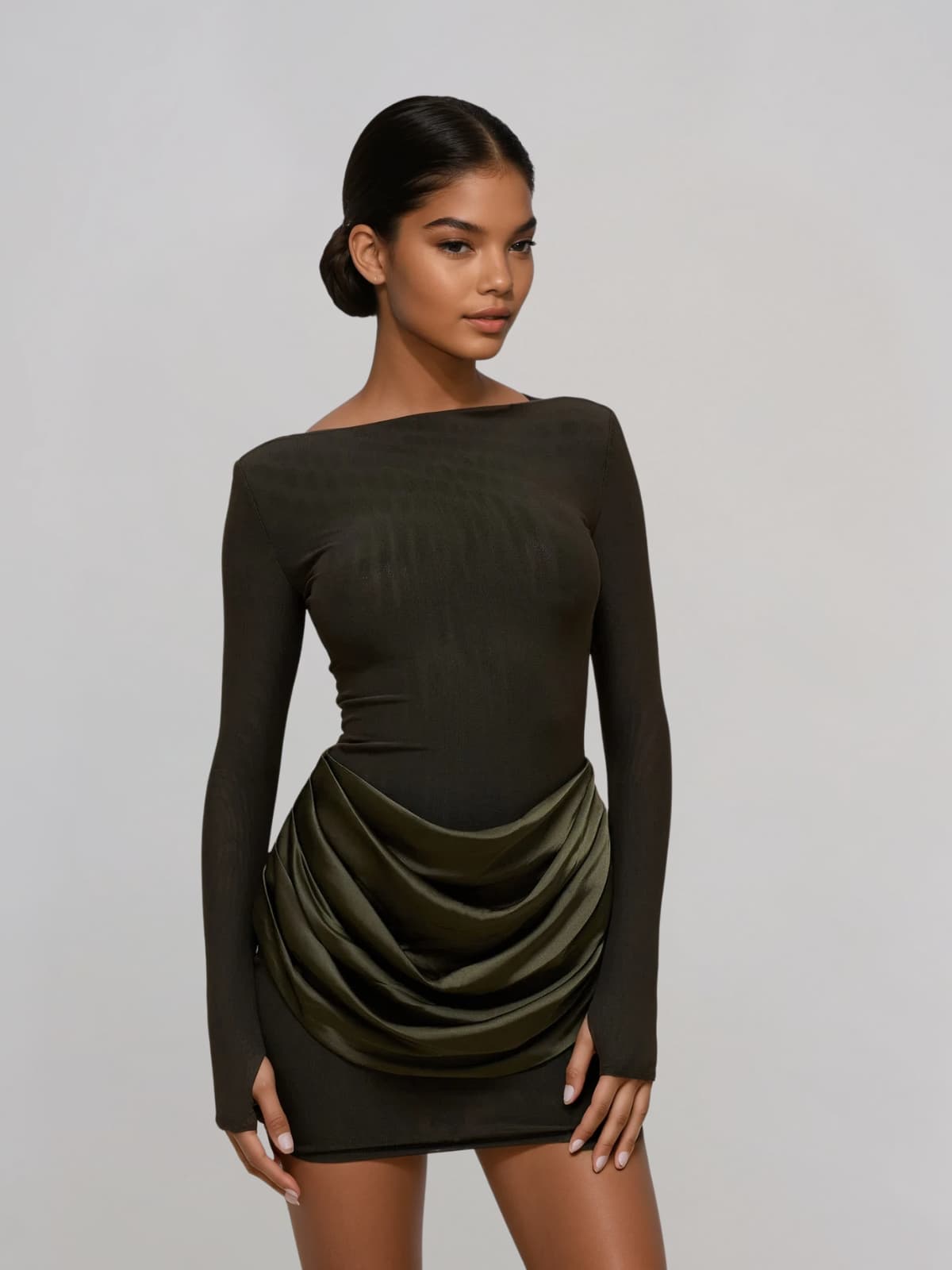 Lyusya Long Sleeve Ruched Dress In Deep Green
