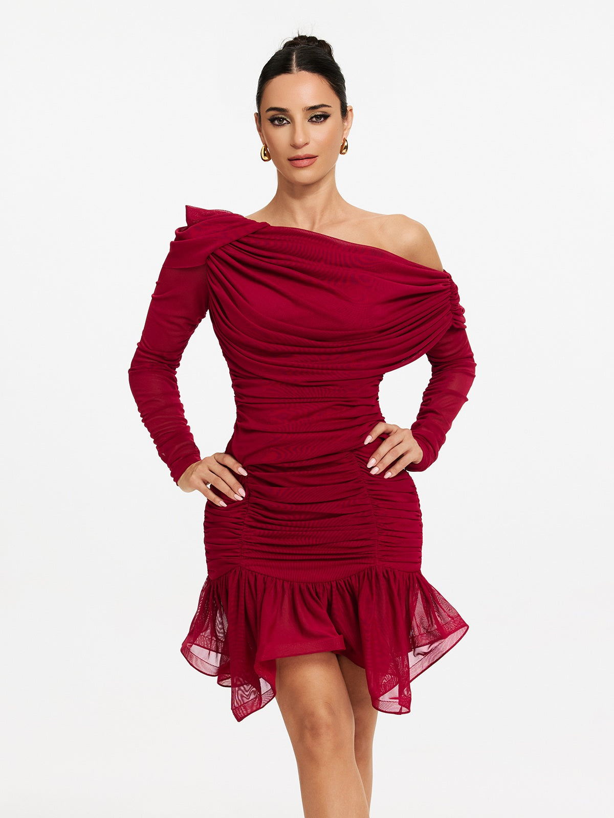 Maelyra One Shoulder Ruched Ruffle Mini Dress