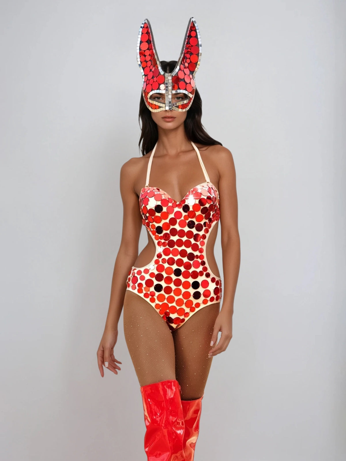 Maeris Halterneck Sequin Bodysuit In Red