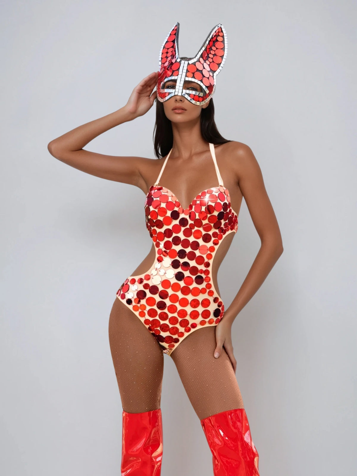 Maeris Halterneck Sequin Bodysuit In Red