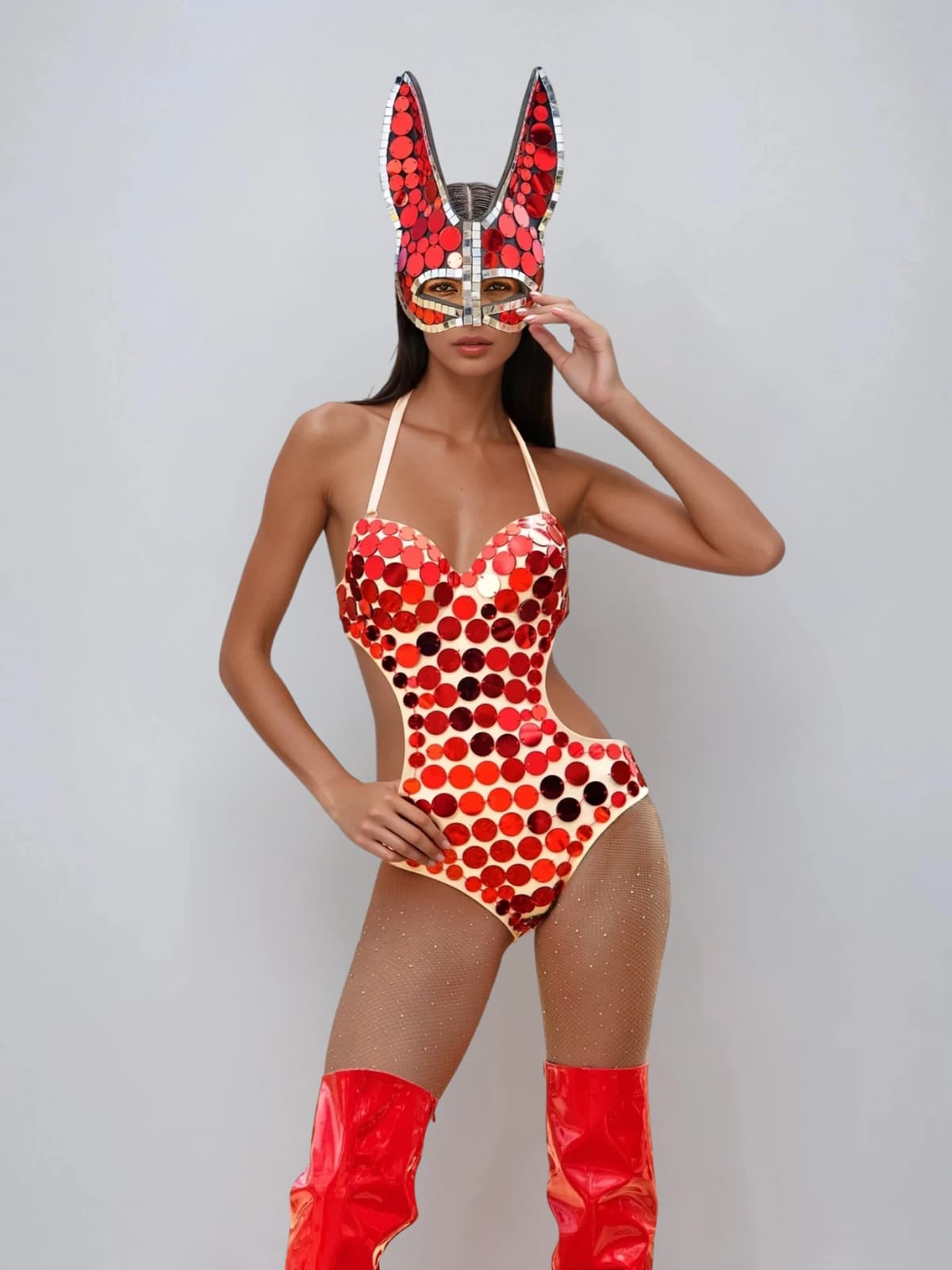 Maeris Halterneck Sequin Bodysuit In Red