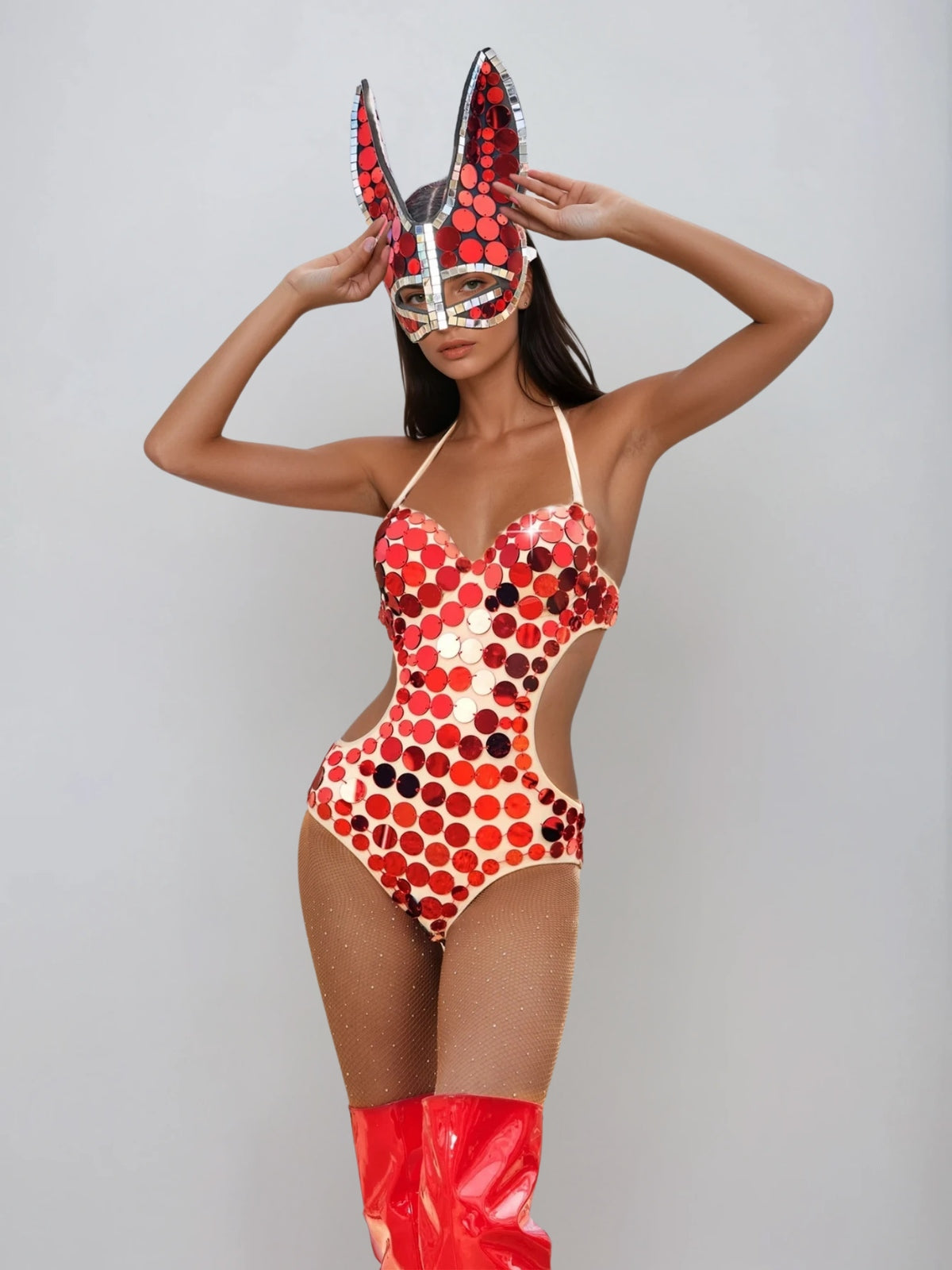 Maeris Halterneck Sequin Bodysuit In Red