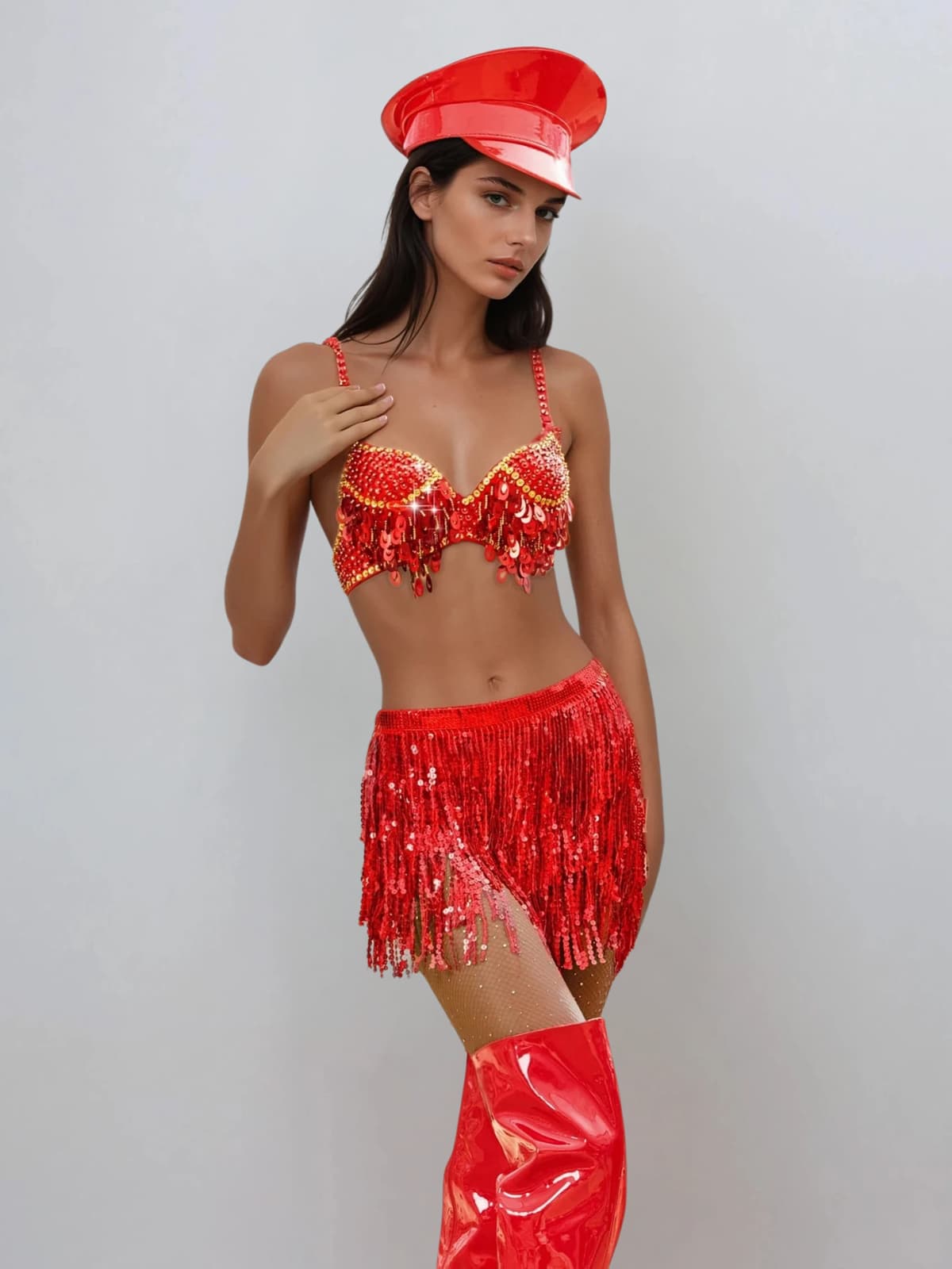 Maeron Sequin Fringe Skirt Set In Red