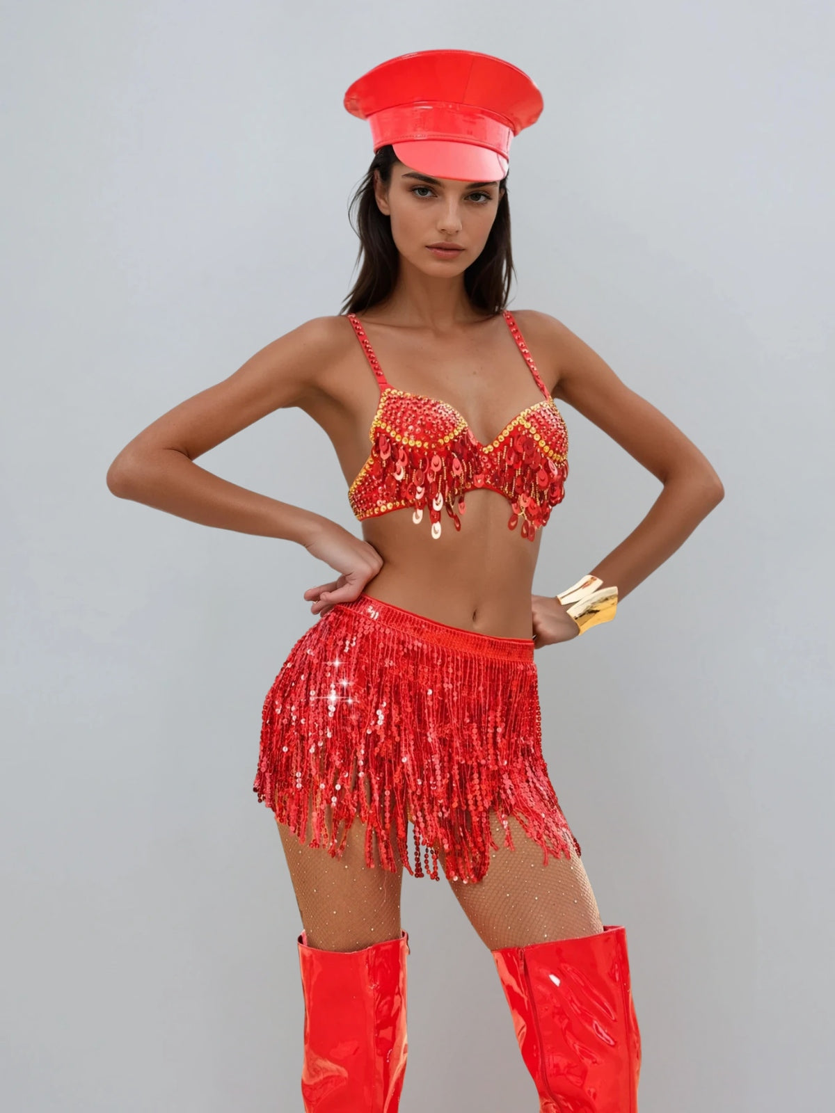 Maeron Sequin Fringe Skirt Set In Red