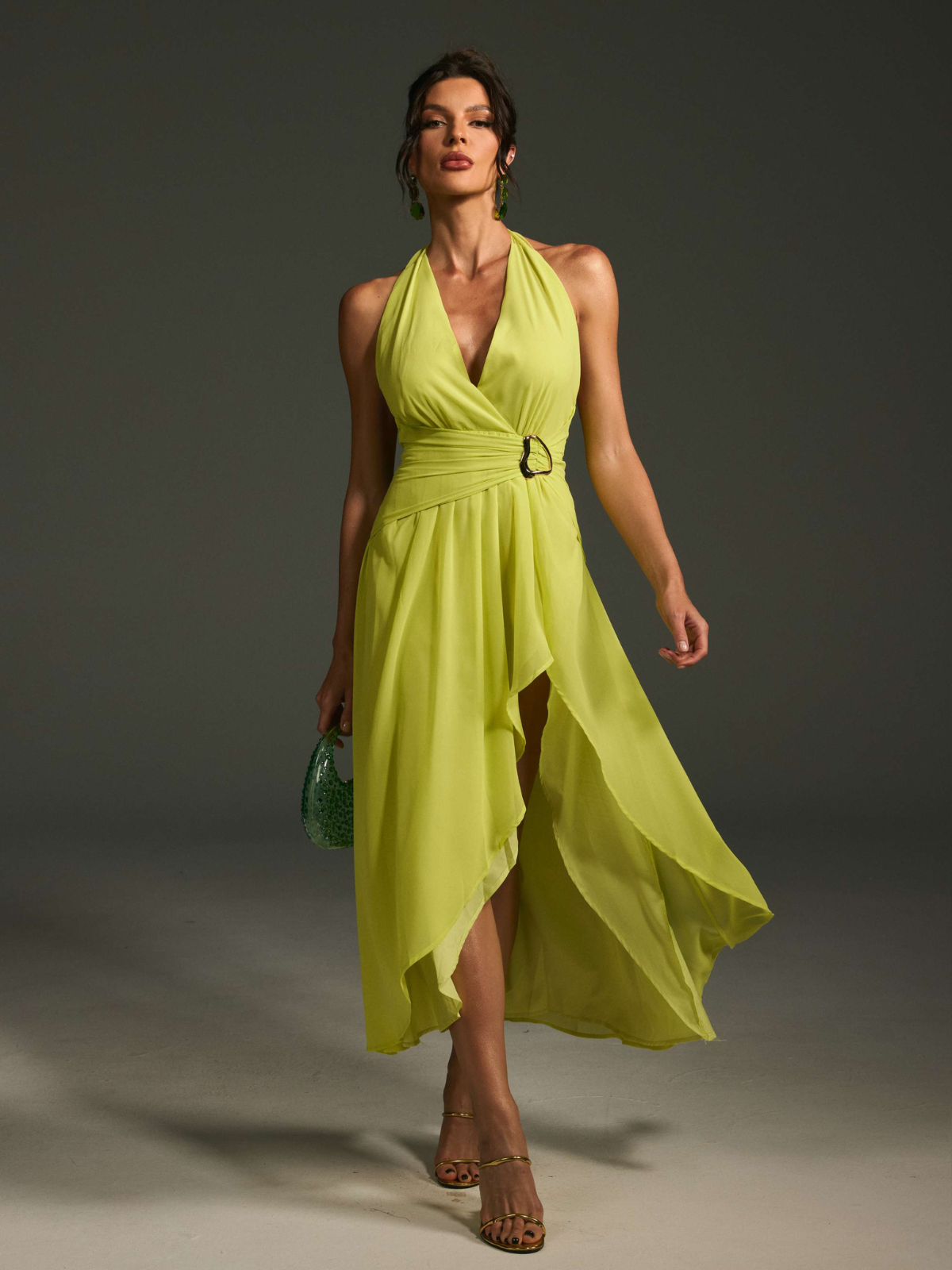 Malha V Neck Buckle Midi Dress