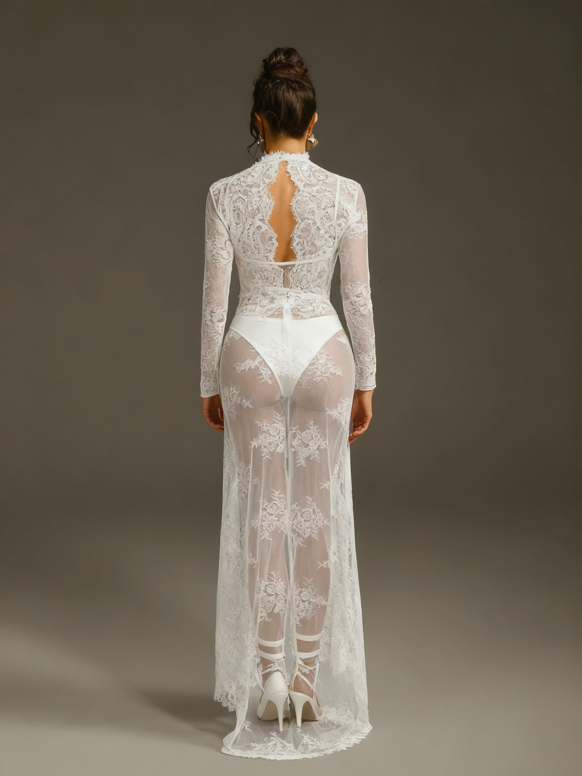 Mareike Long Sleeve Lace Split Maxi Dress In White