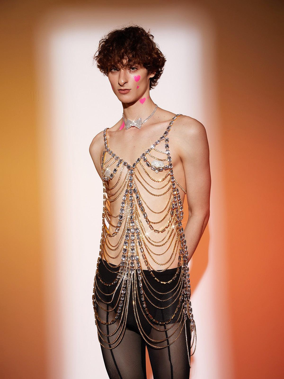 Maso Spaghetti Layered Crystal Mini Dress