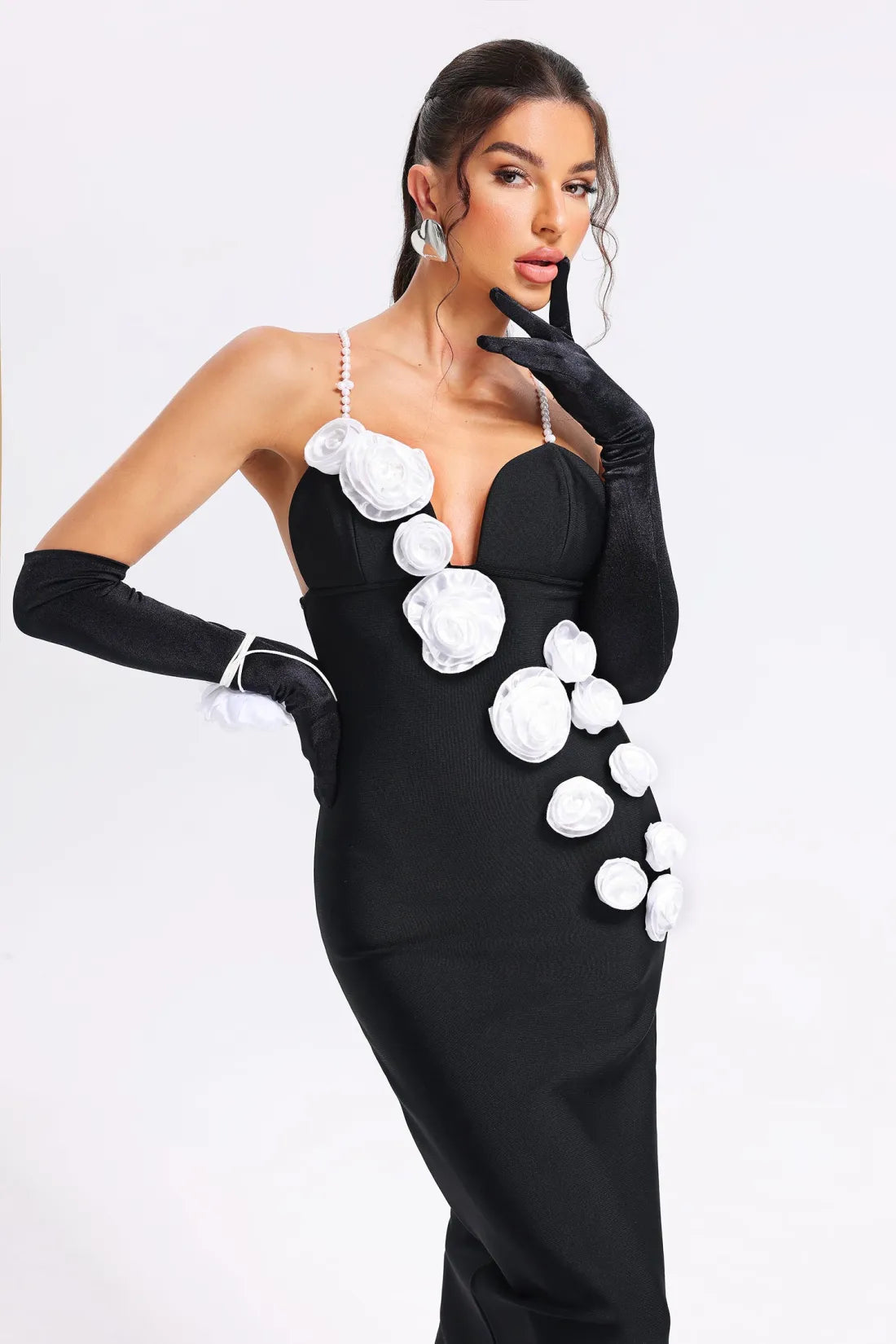 Limited Pearl Flowers Elegant Celeb Dress