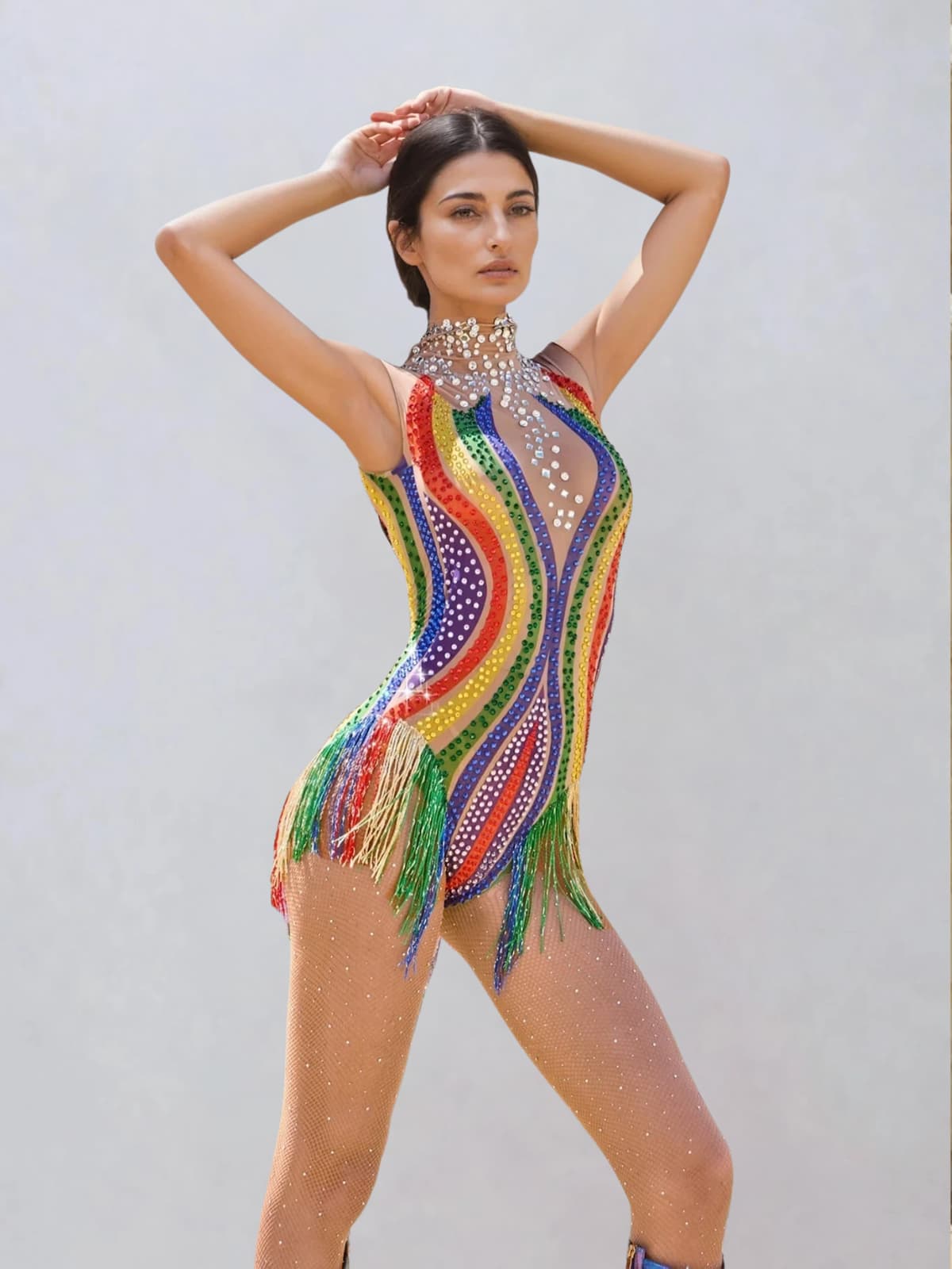 Mazrik High Neck Fringe Rhinestone Bodysuit