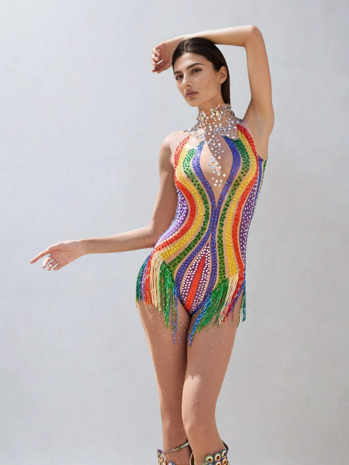 Mazrik High Neck Fringe Rhinestone Bodysuit
