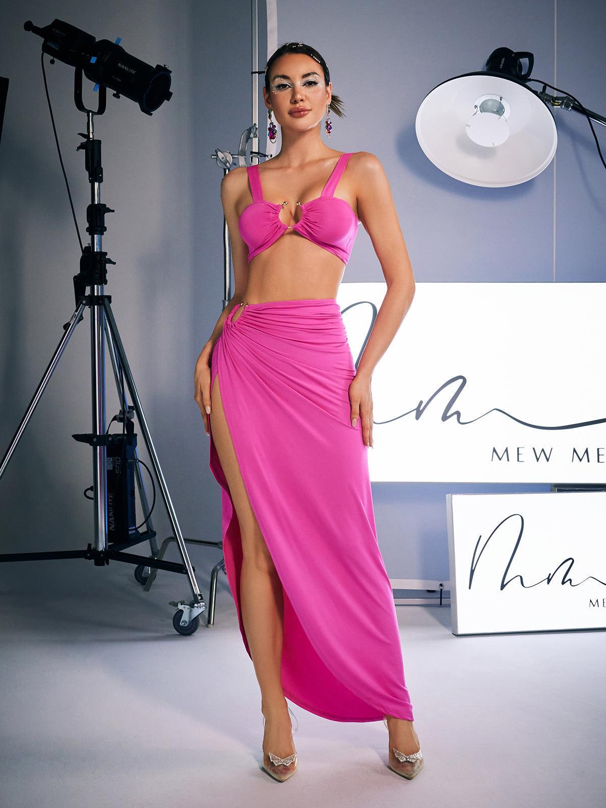 Metal Hardware Split Skirt Set In Hot Pink