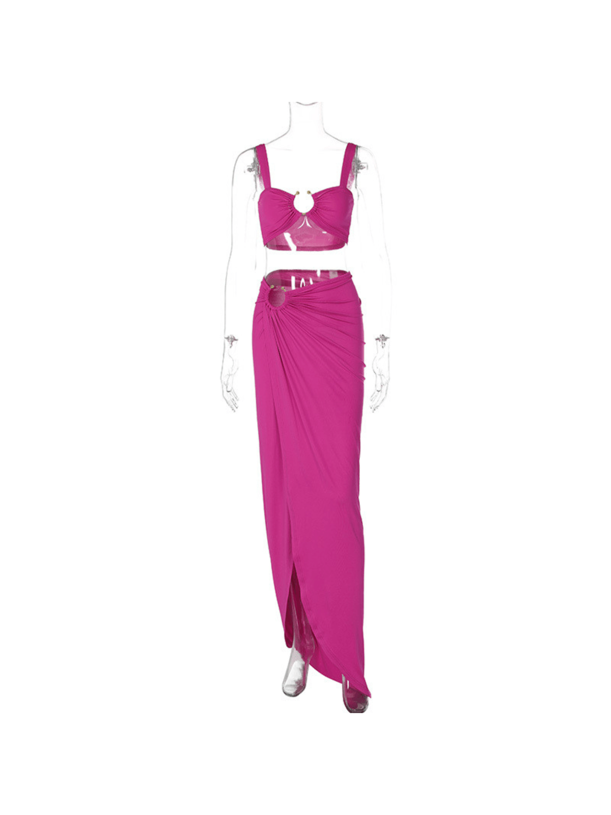 Metal Hardware Split Skirt Set In Hot Pink