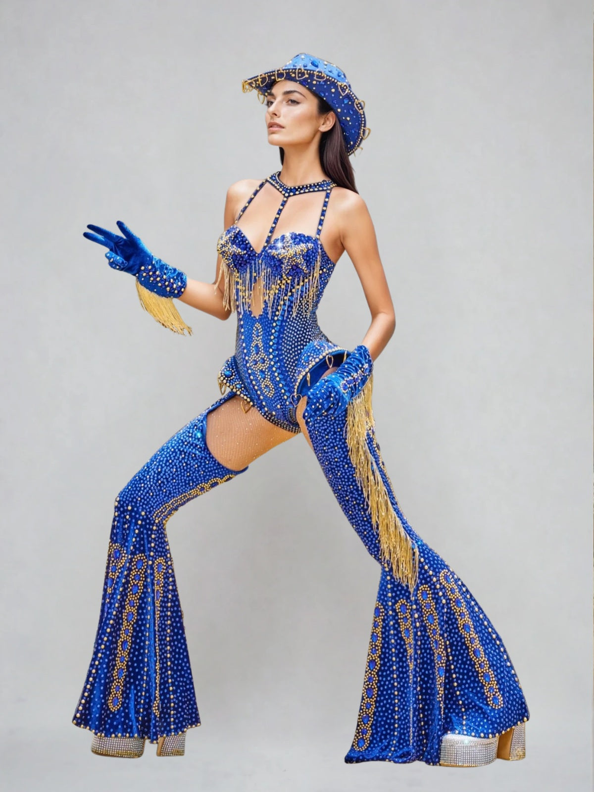Meyra Halterneck Rhinestone Fringe Bodysuit Set In Blue