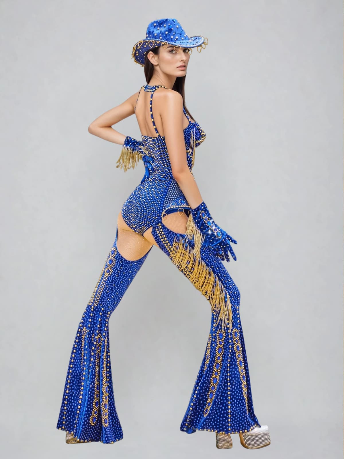 Meyra Halterneck Rhinestone Fringe Bodysuit Set In Blue