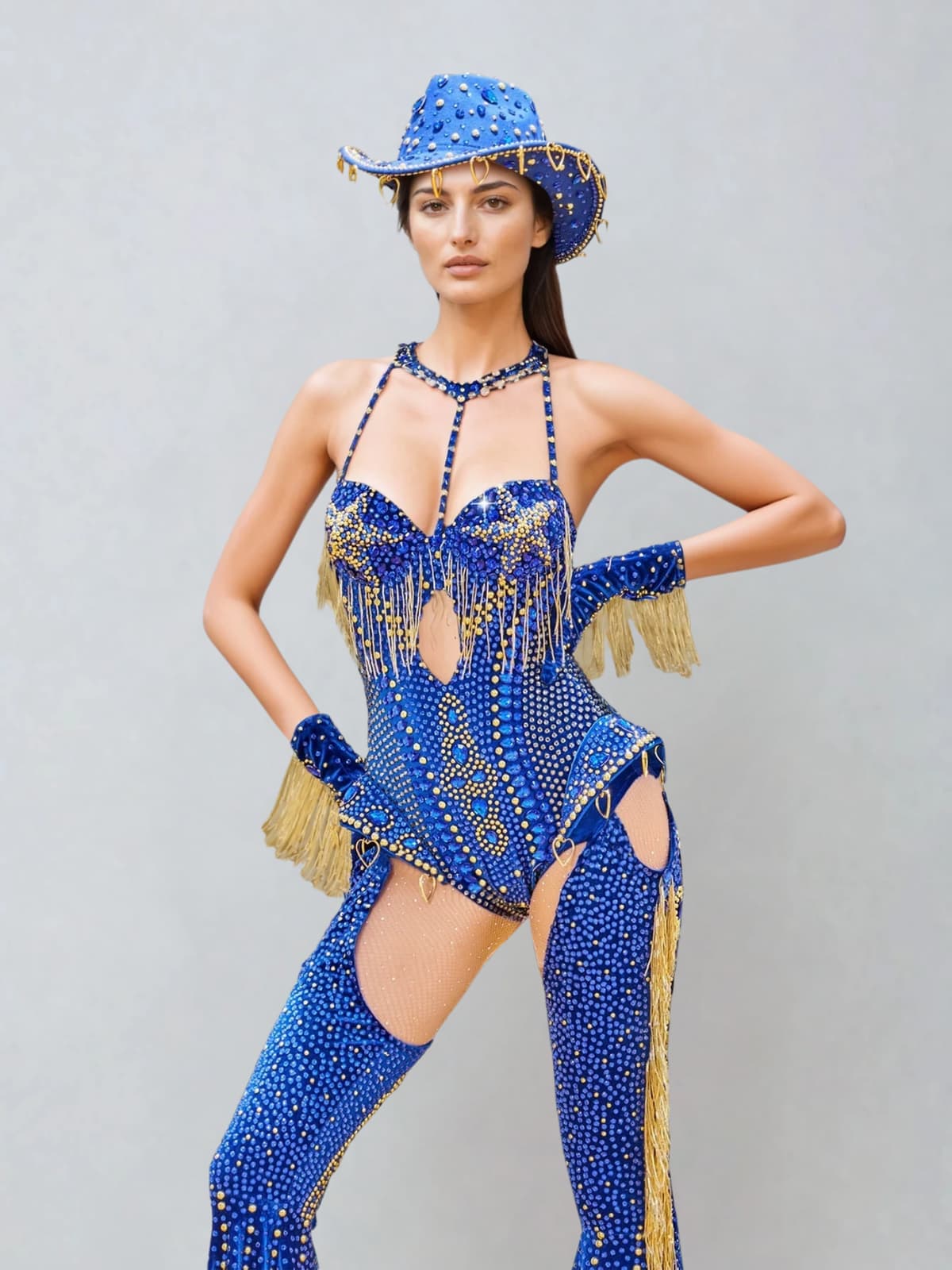 Meyra Halterneck Rhinestone Fringe Bodysuit Set In Blue