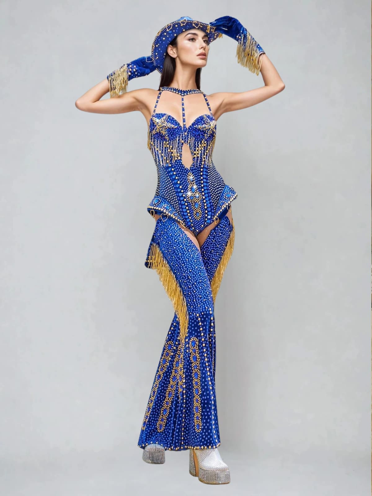 Meyra Halterneck Rhinestone Fringe Bodysuit Set In Blue