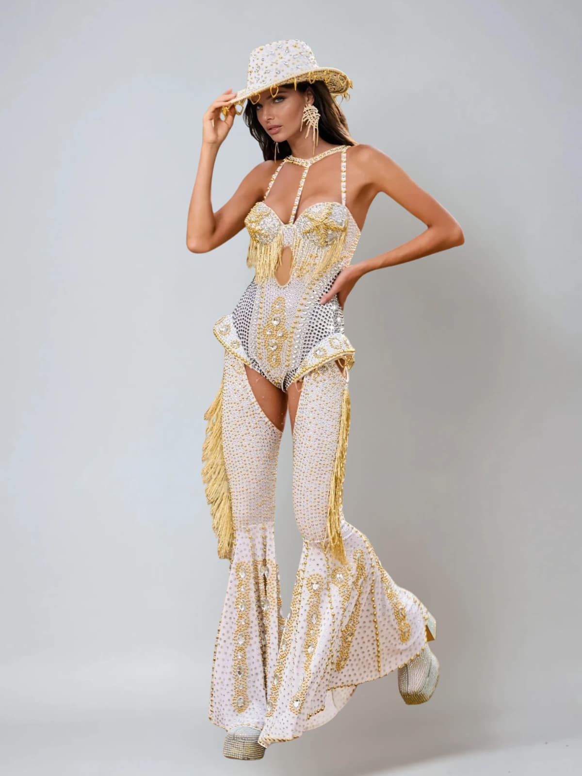 Meyra Halterneck Rhinestone Fringe Bodysuit Set In White