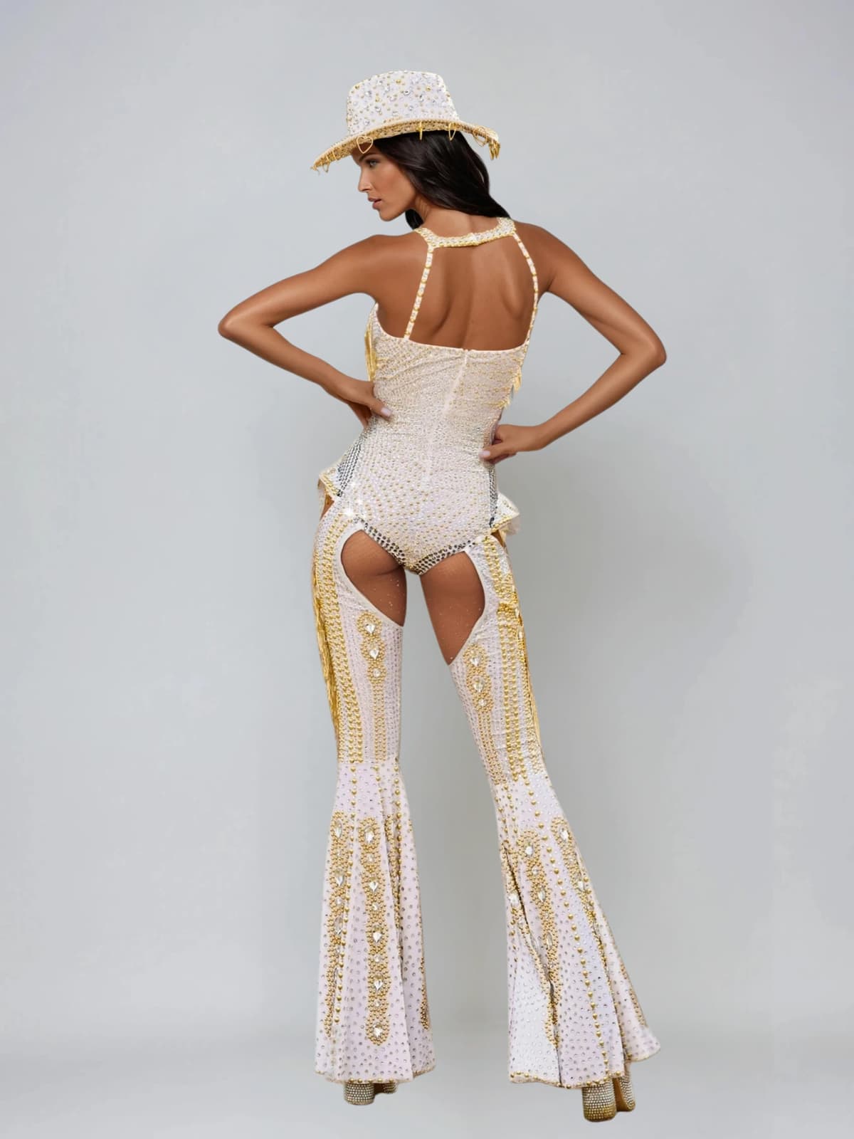 Meyra Halterneck Rhinestone Fringe Bodysuit Set In White