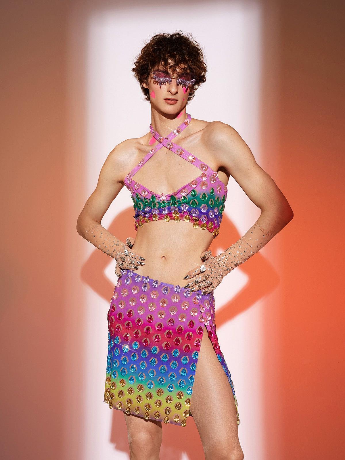 Micaiah Halterneck Rainbow Rhinestone Top Set